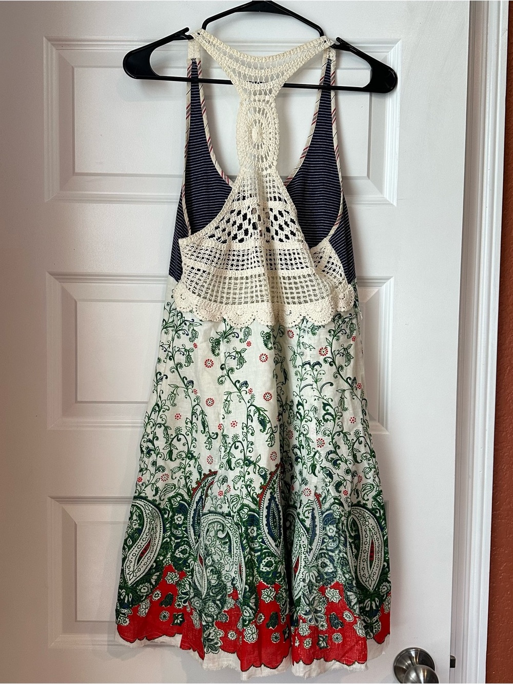 Free People Heartland Paisley Linen Cotton Dress Crochet Back size 6 - Picture 3 of 8